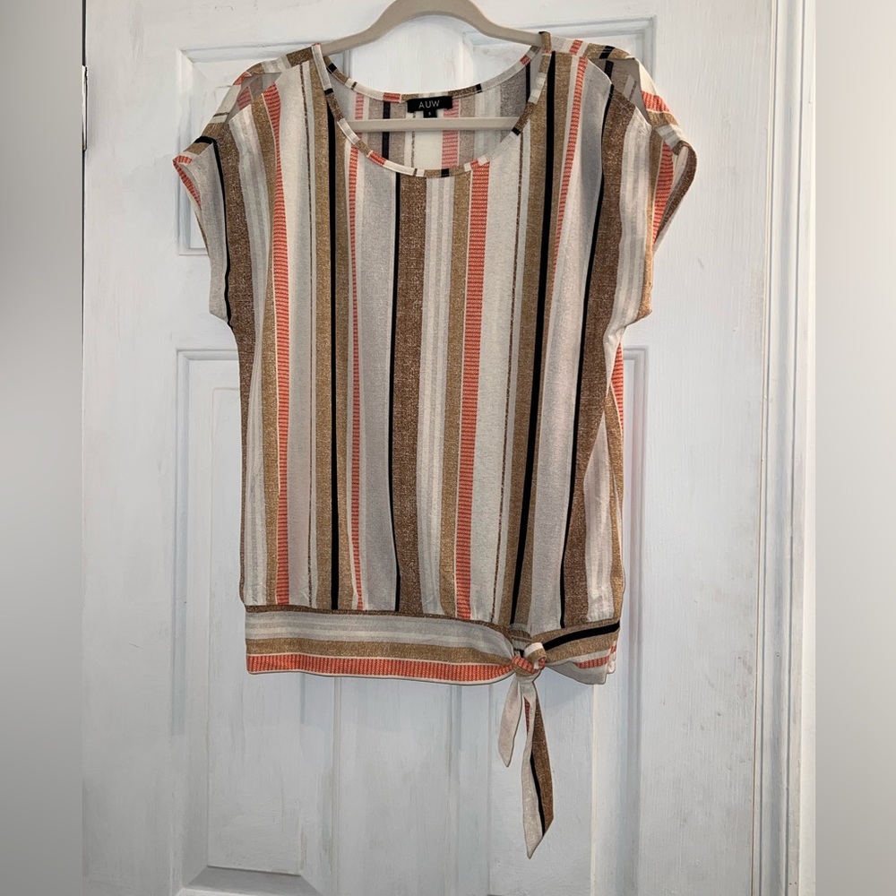 Size small cream tan orange brown striped front tie waist blouse